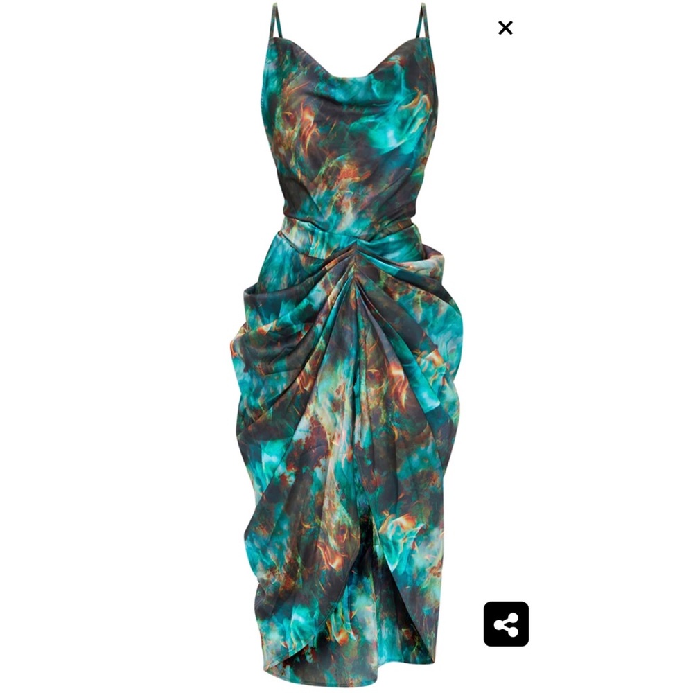 Green Print Satin Strappy Cowl Neck Side Gathered Midi Dress
